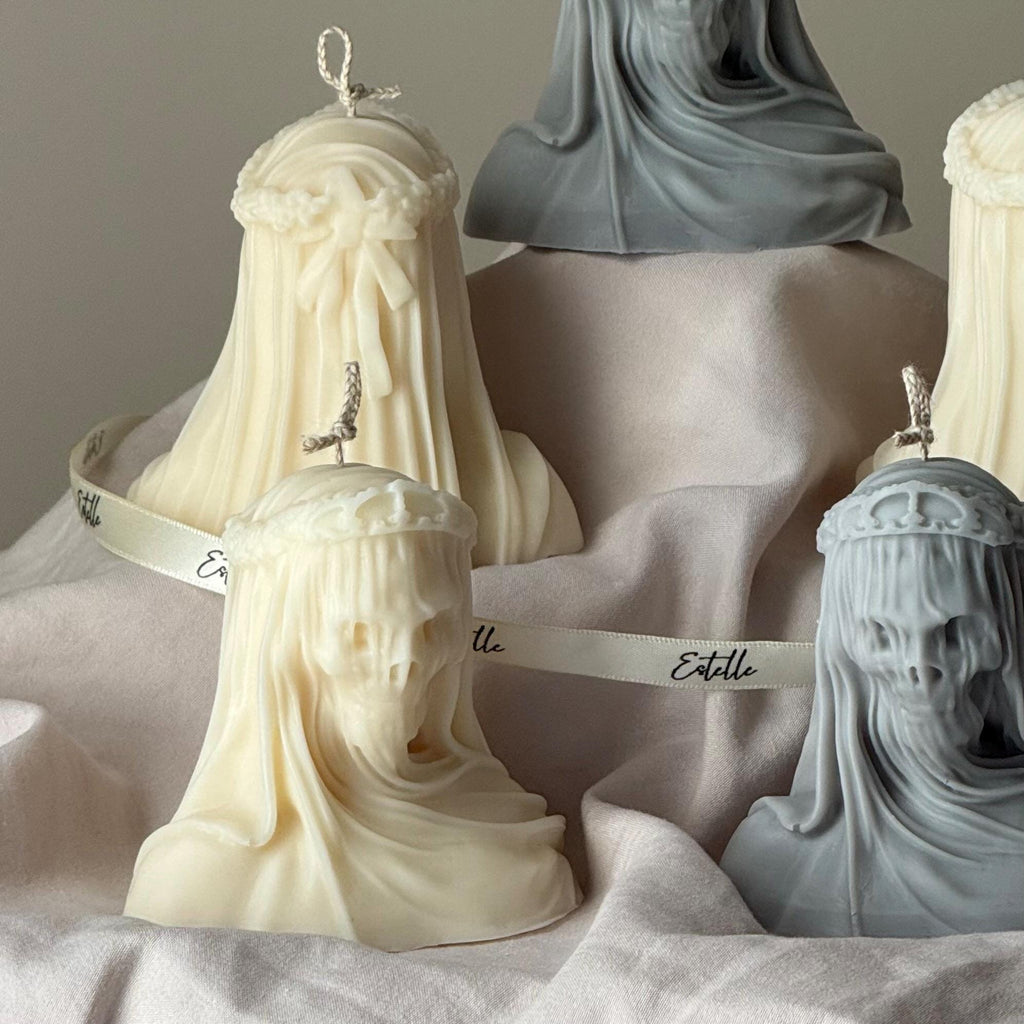 Handmade Halloween Vailed Lady Skull Candle: Spooky Soy Wax Home Decor