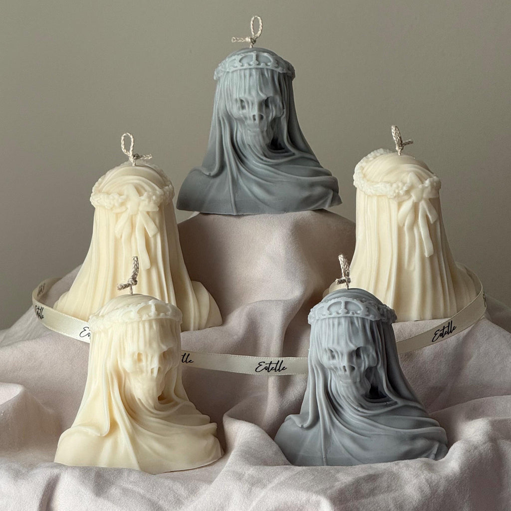 Handmade Halloween Vailed Lady Skull Candle: Spooky Soy Wax Home Decor